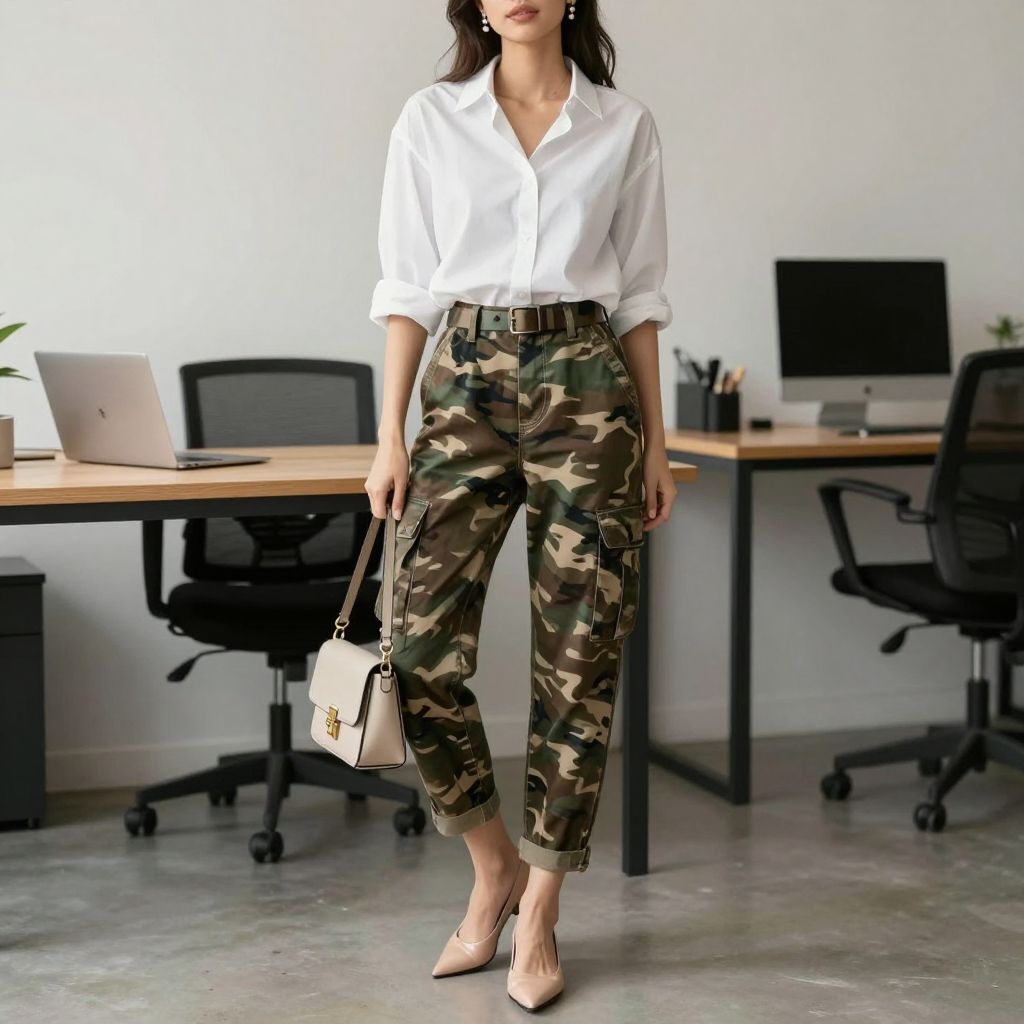 White button up and camo belt with camo pants