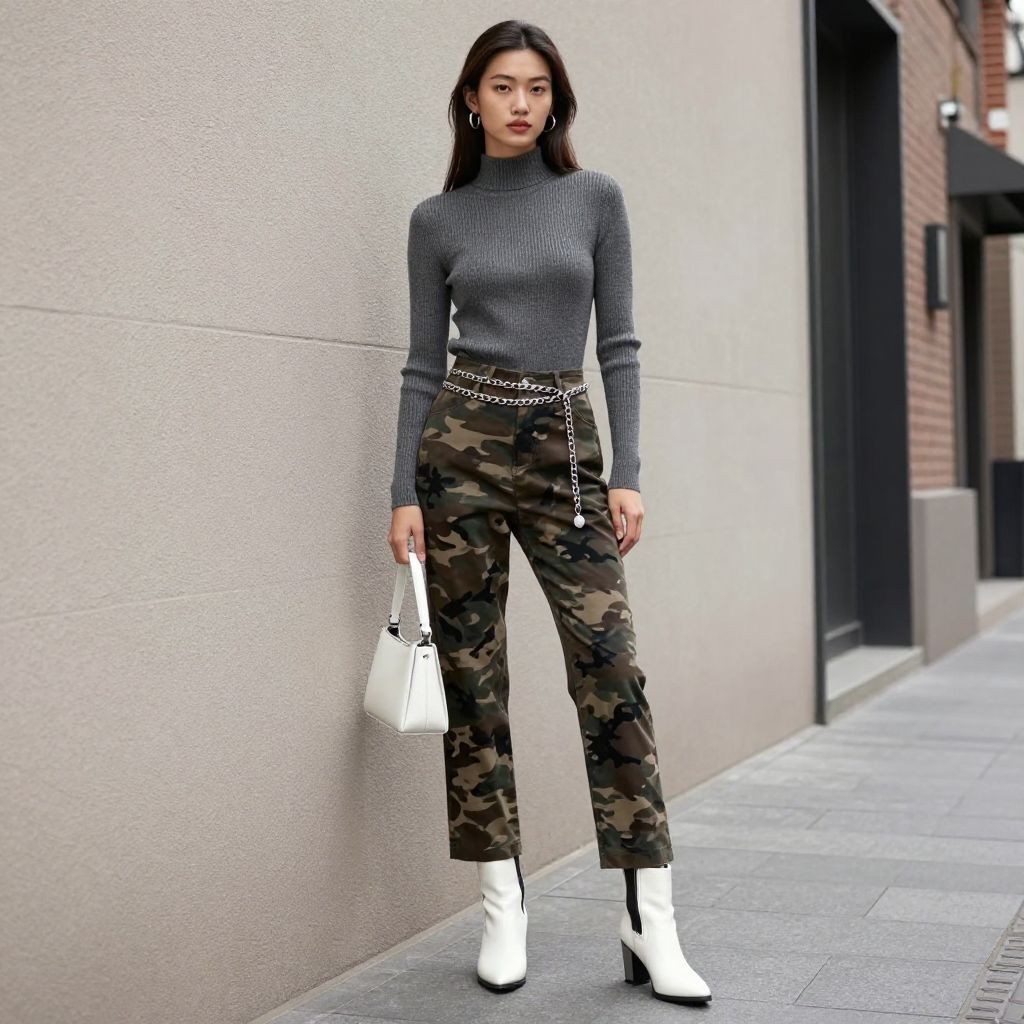 Charcoal mock neck and white boots with camo pants