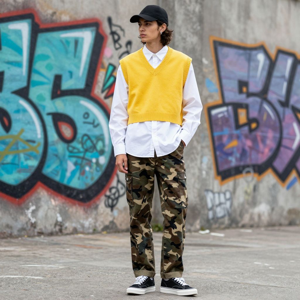 Bright yellow sweater vest and white shirt with camo pants