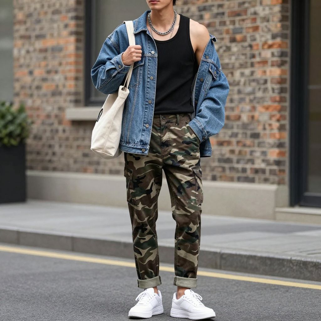 Black tank and oversized denim jacket with camo pants