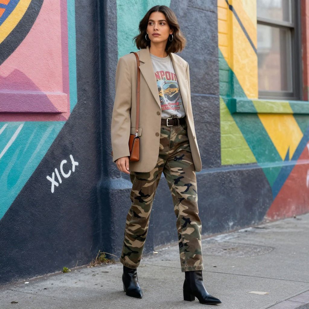 Neutral blazer and graphic tee with camo pants