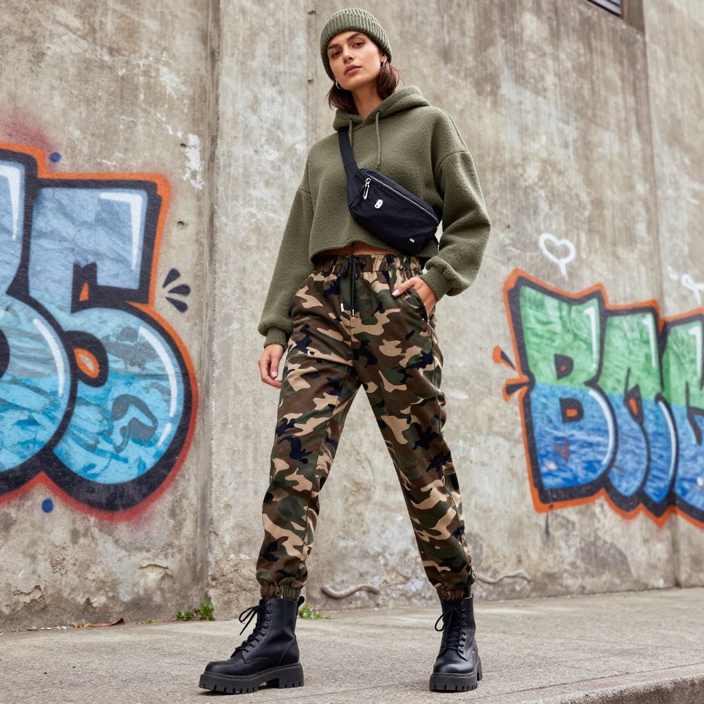 Cropped hoodie and chunky boots with camo pants