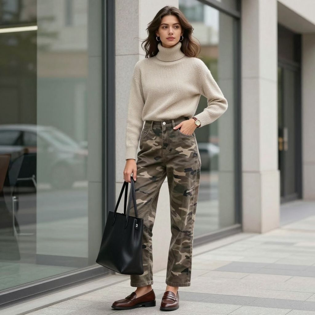 Beige turtleneck and loafers with camo pants