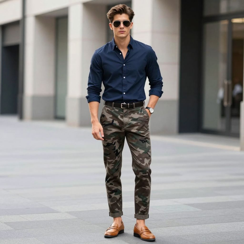 Navy button down and slip on loafers with camo pants