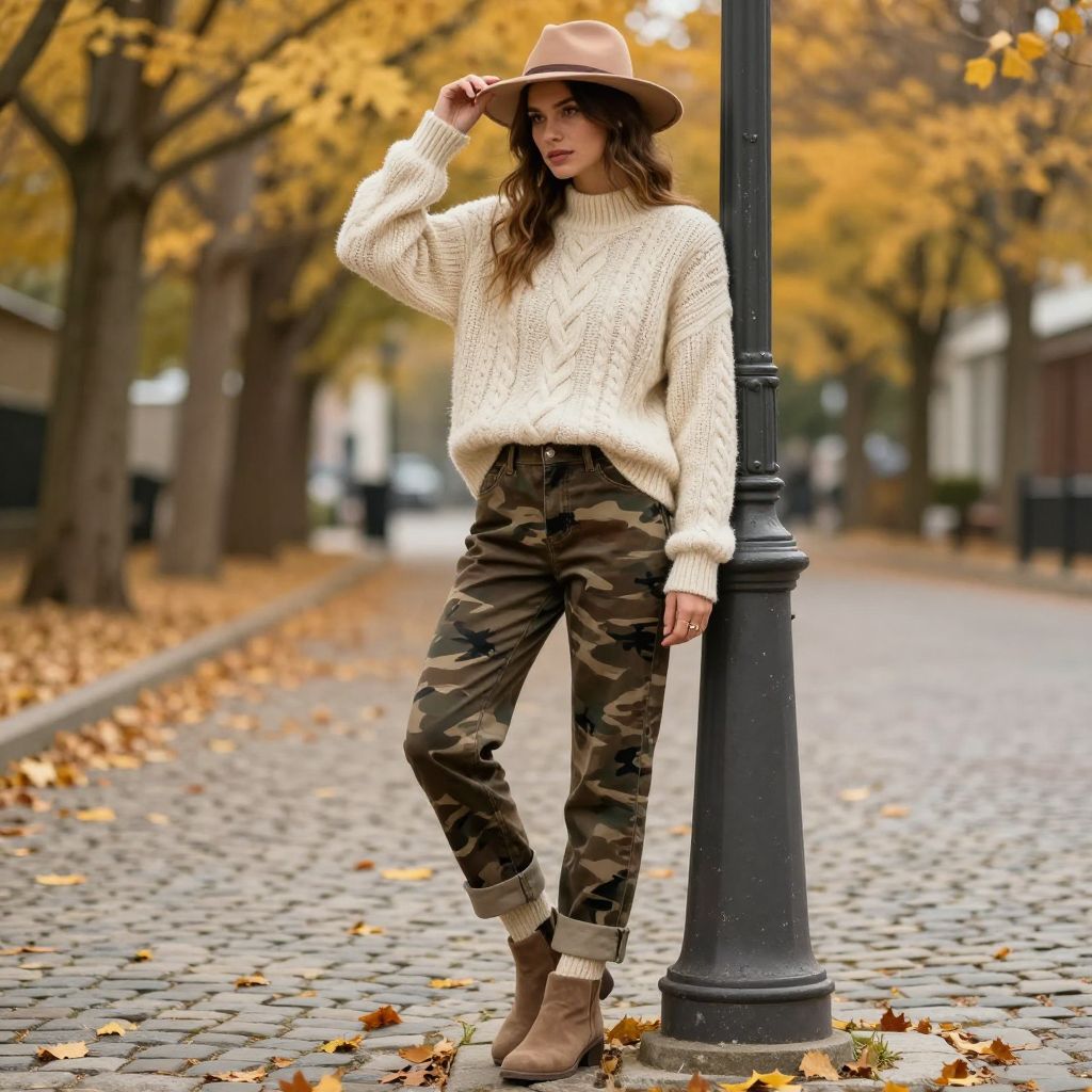 Cream cable knit and ankle booties with camo pants
