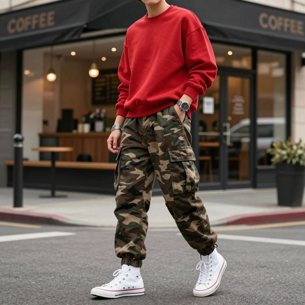 Red crew sweatshirt and white high tops with camo pants