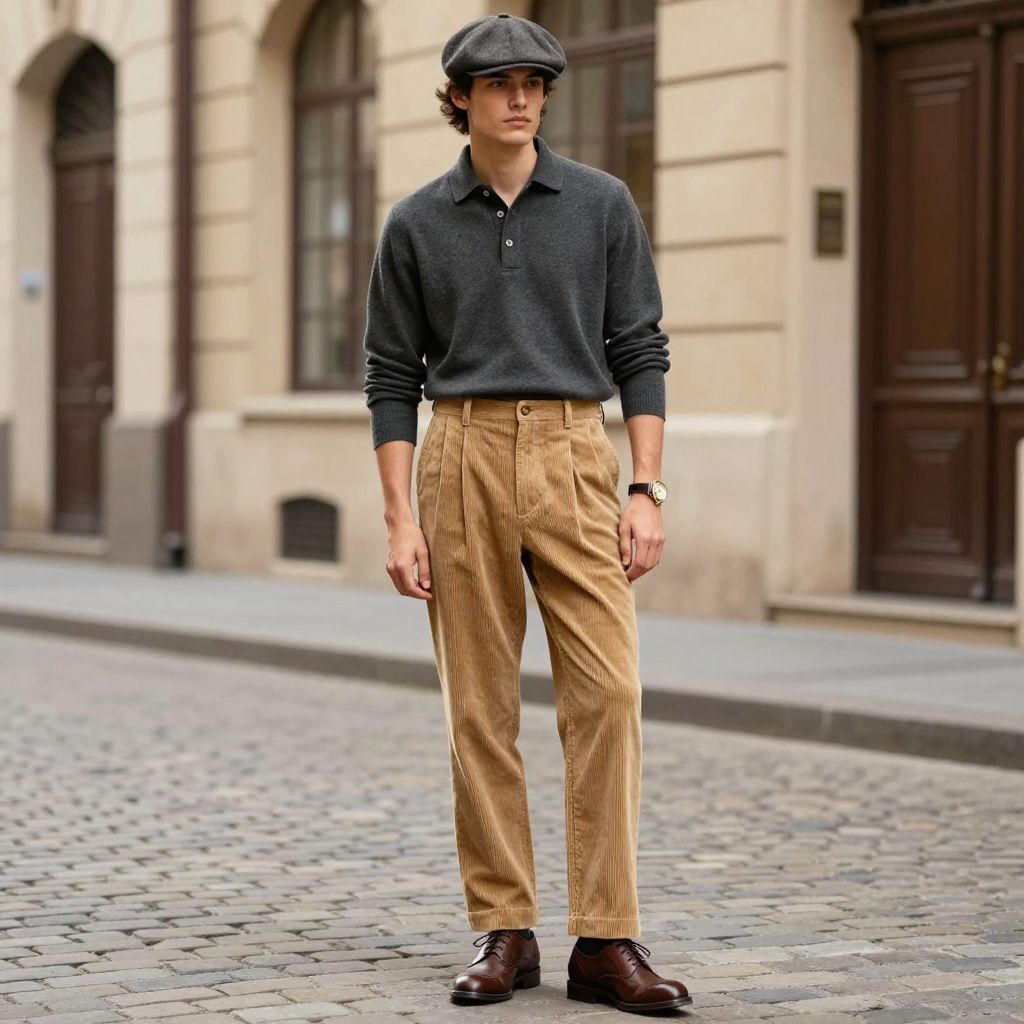 Tan cord pleated trouser outfit