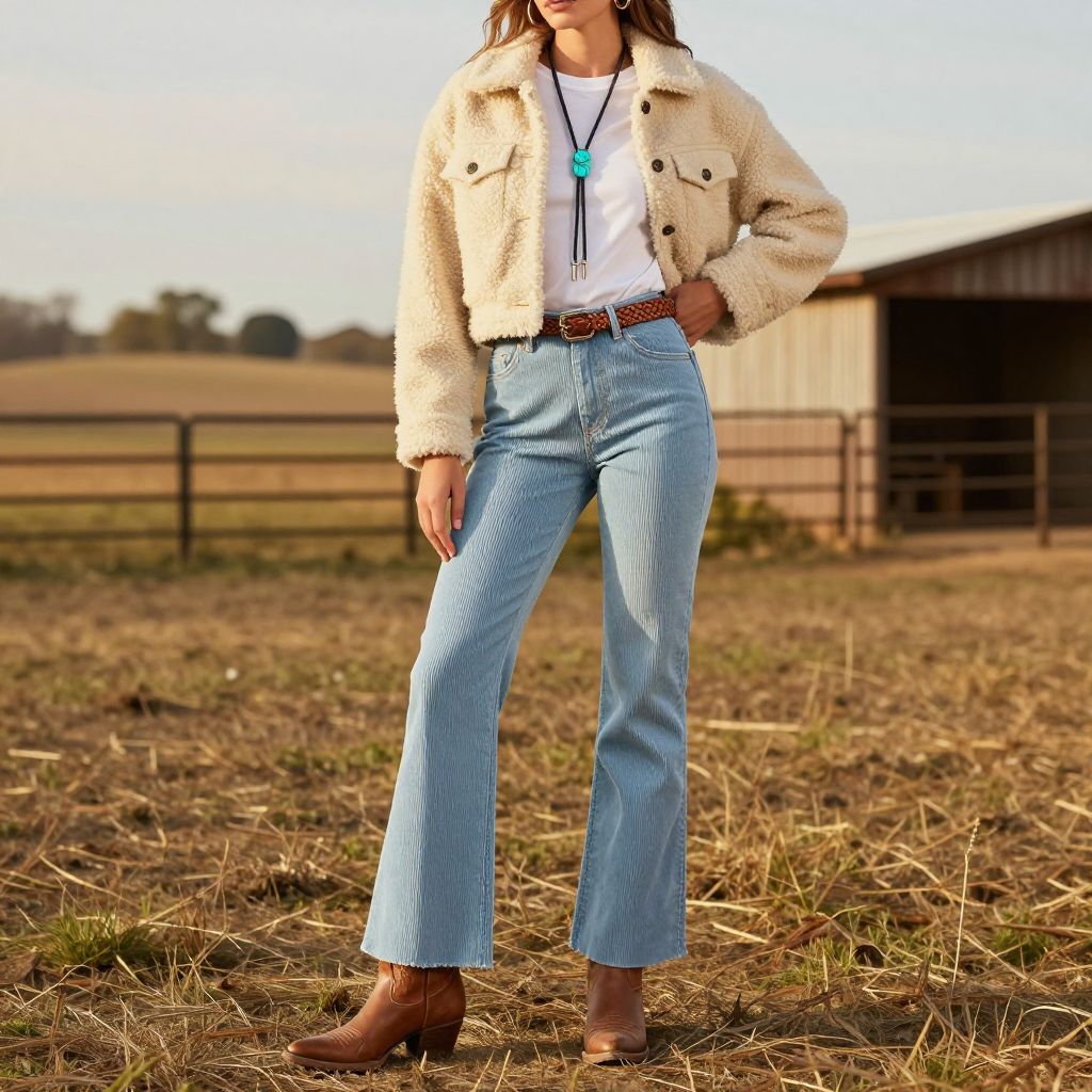 Light blue cord bootcut outfit
