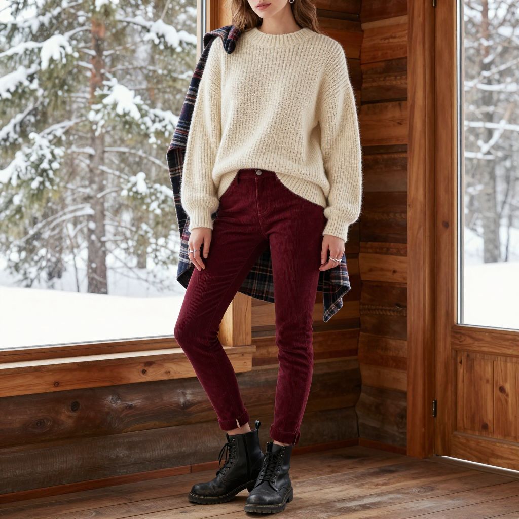 Burgundy cord skinny outfit