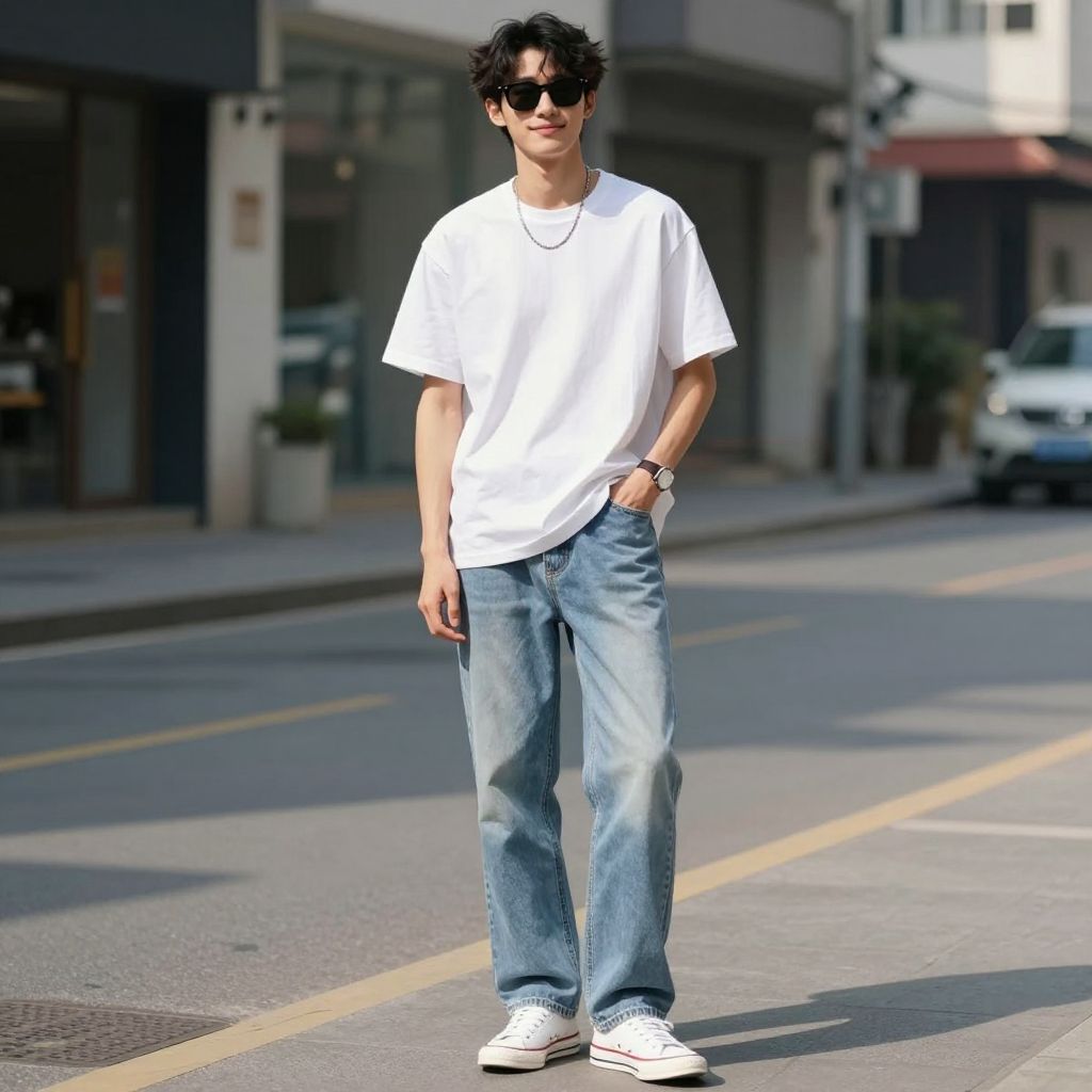 Classic White Tee with Light Blue Jeans