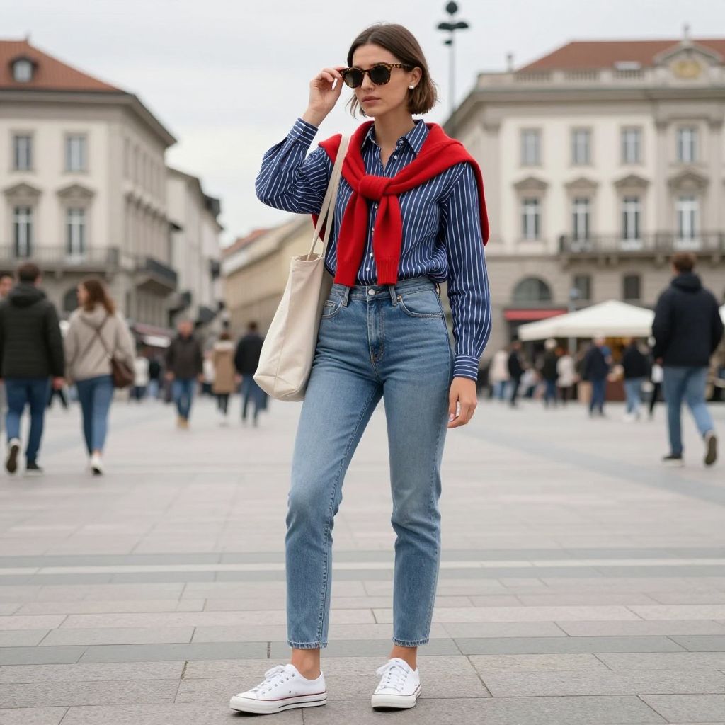 Striped Button Front and Sneakers with Light Blue Jeans
