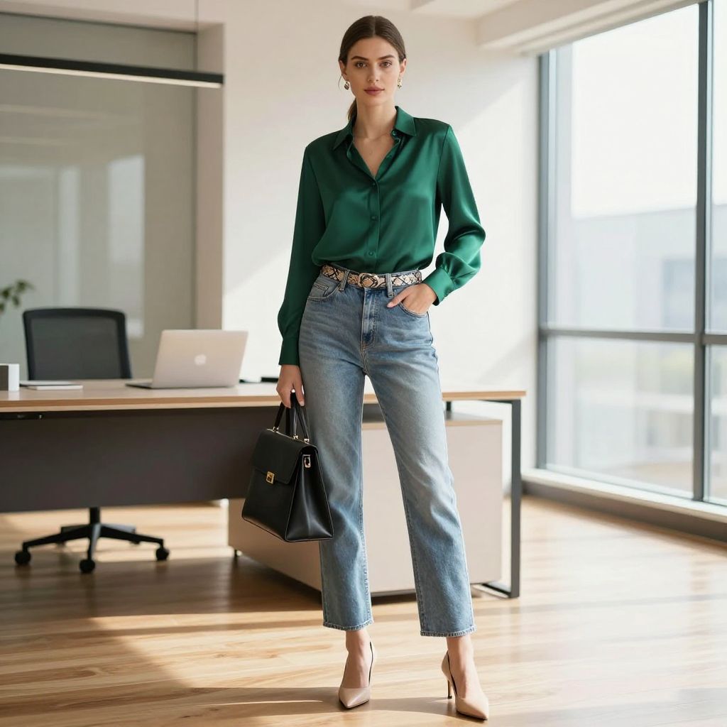 Office Ready Blouse and Heels with Light Blue Jeans