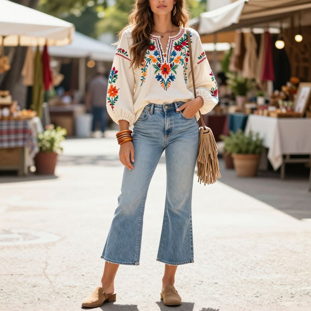 Boho Embroidered Top and Mules with Light Blue Jeans