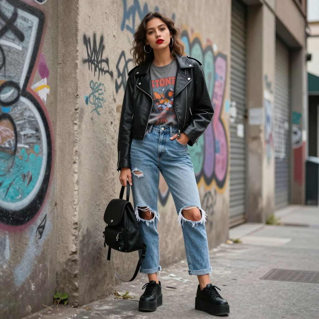 Graphic Tee and Leather Jacket with Light Blue Jeans