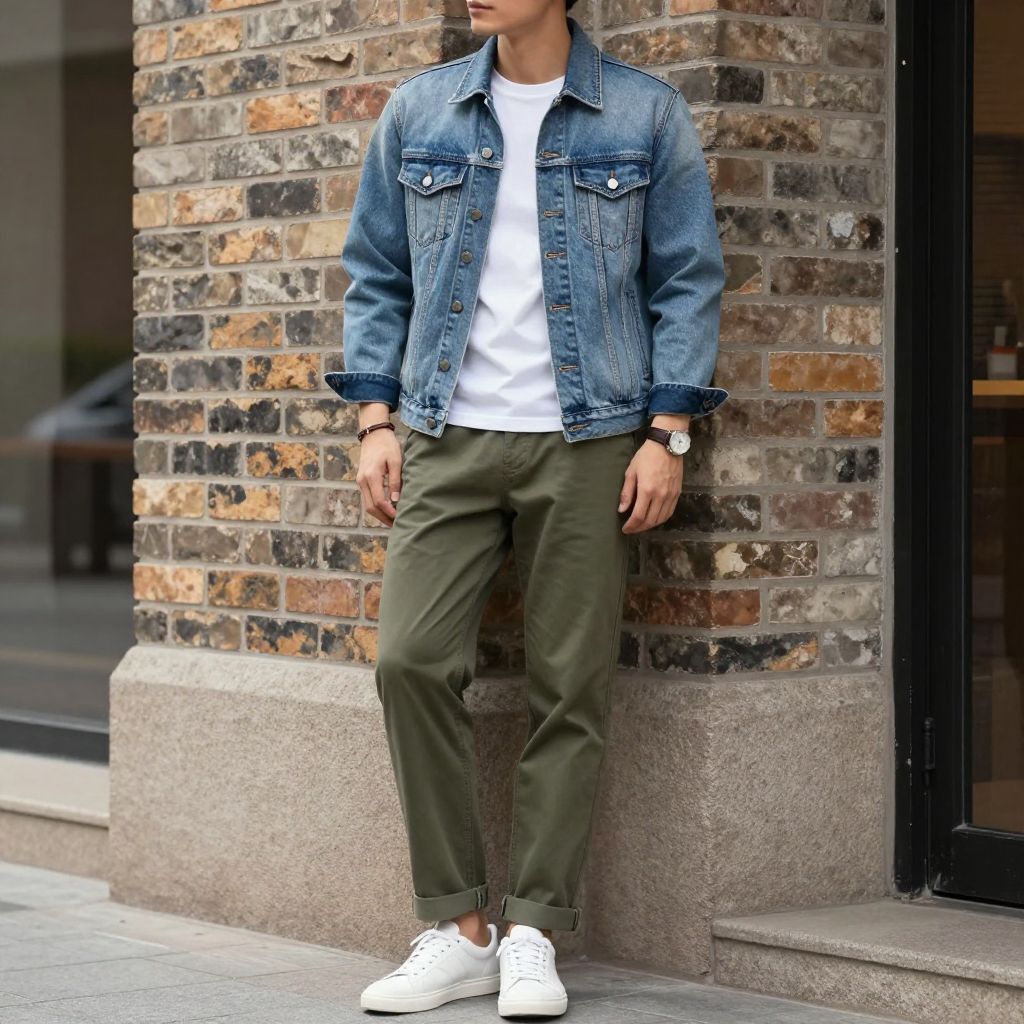 City casual look with denim jacket and olive green pants