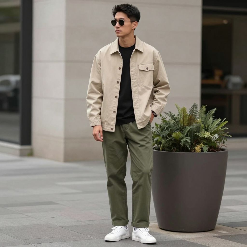 Minimal look with beige overshirt and olive green pants