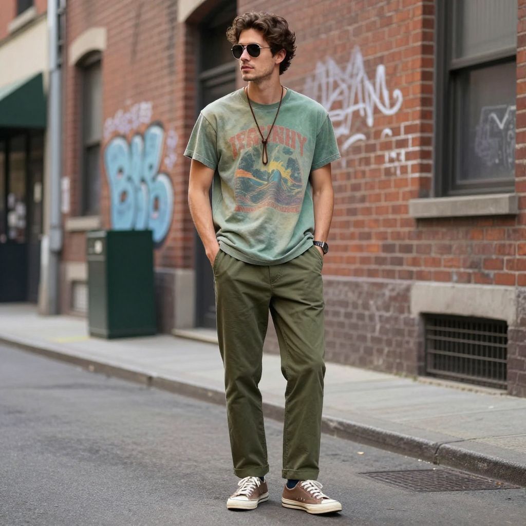 Retro look with vintage graphic tee and olive green pants
