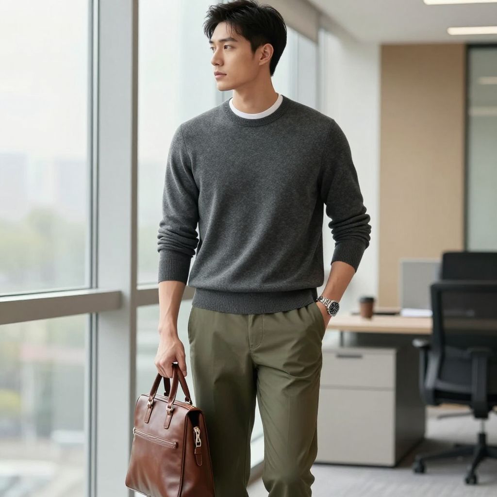 Office look with charcoal sweater and olive green pants