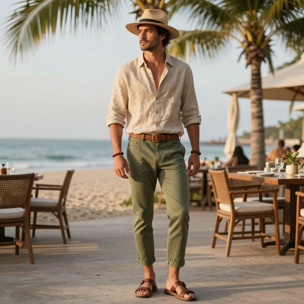 Warm weather look with linen shirt and olive green pants