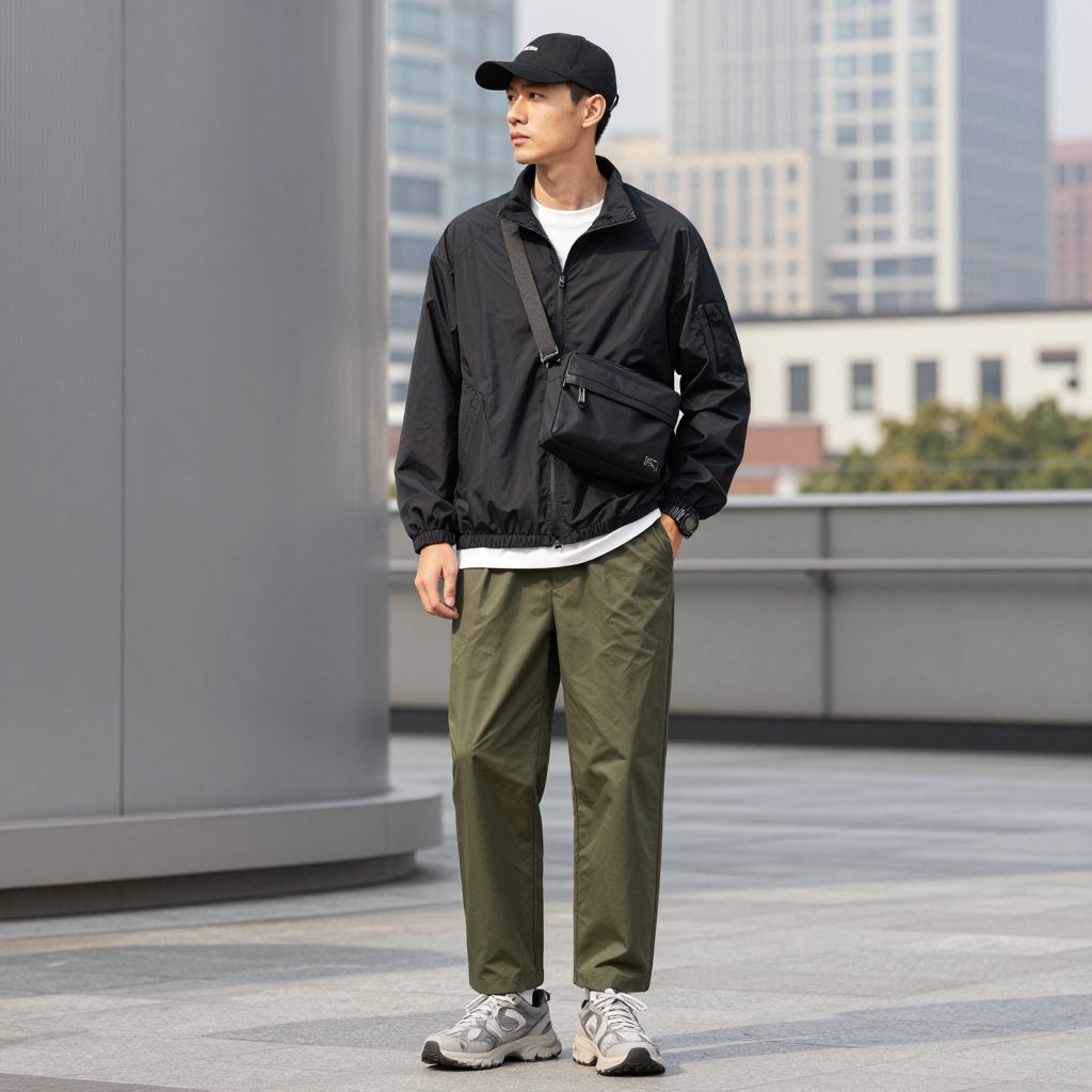 Tech inspired look with windbreaker and olive green pants