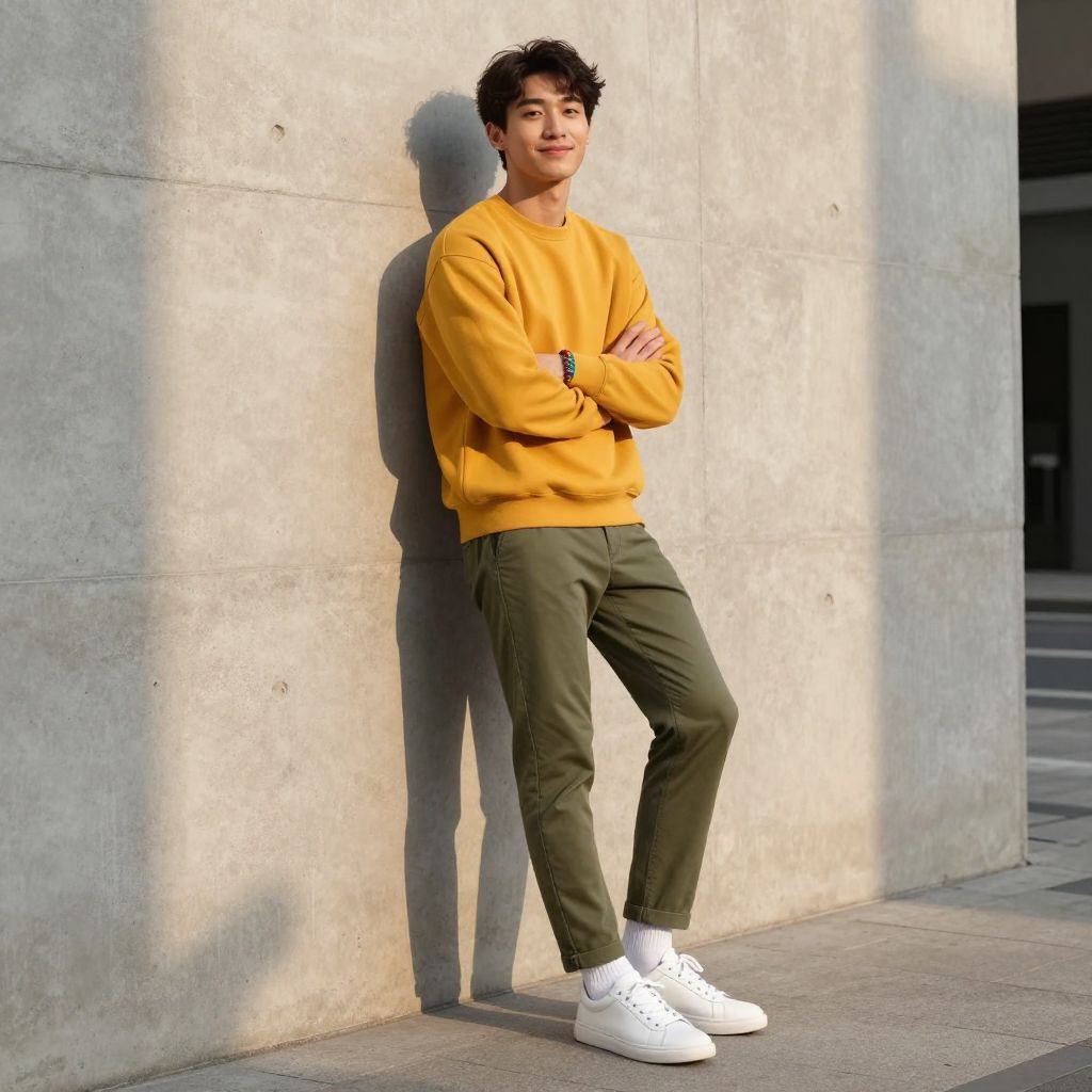 Bold contrast look with mustard sweatshirt and olive green pants