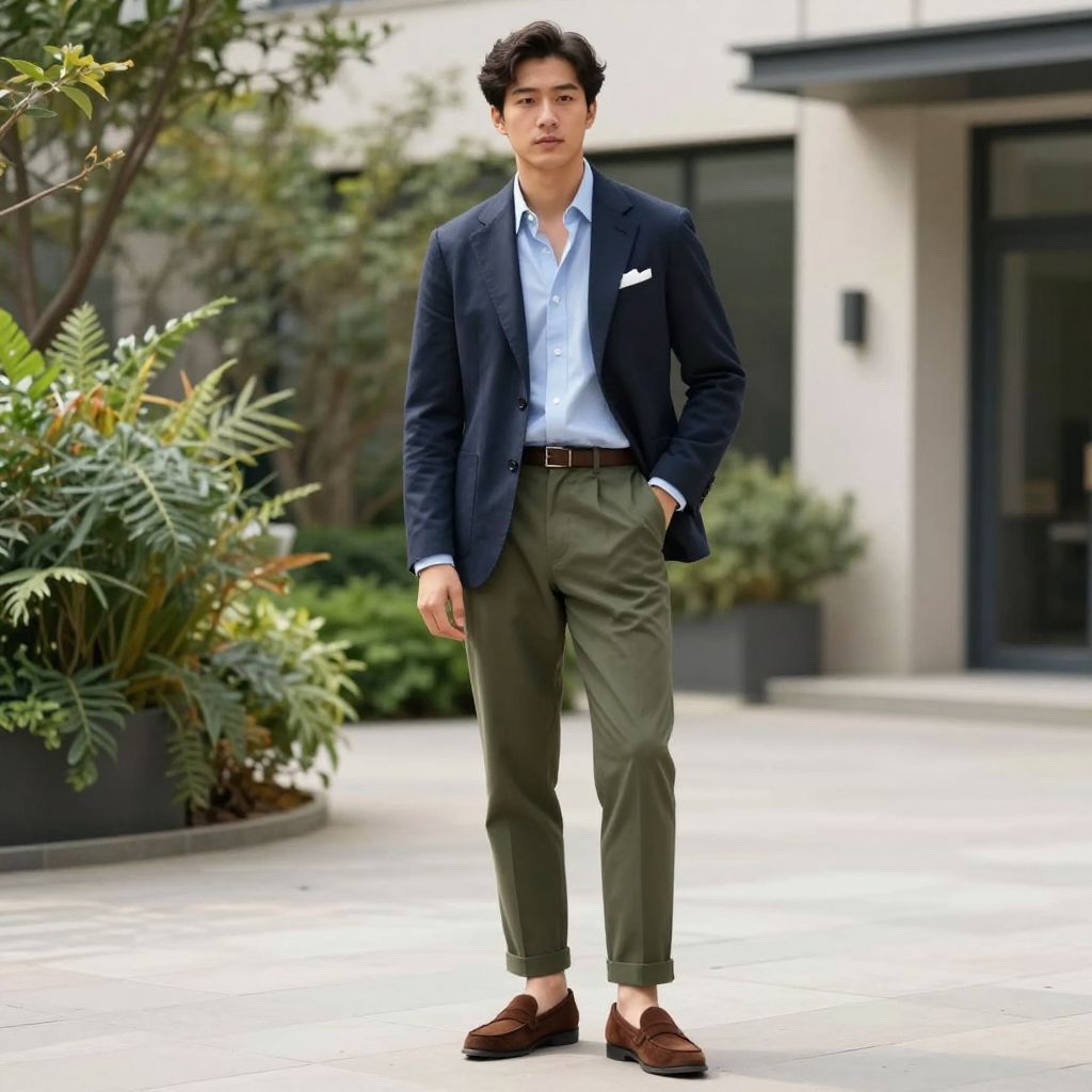 Smart casual look with navy blazer and olive green pants