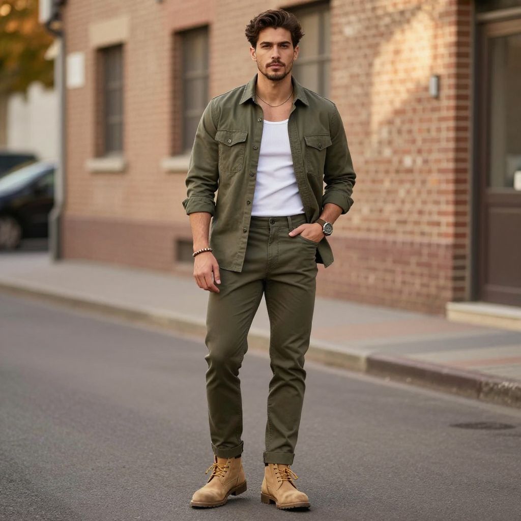 Monochrome olive outfit with utility shirt