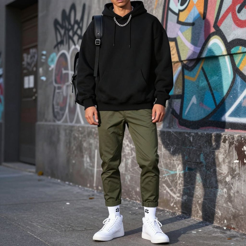 Street style look with black hoodie and olive green pants