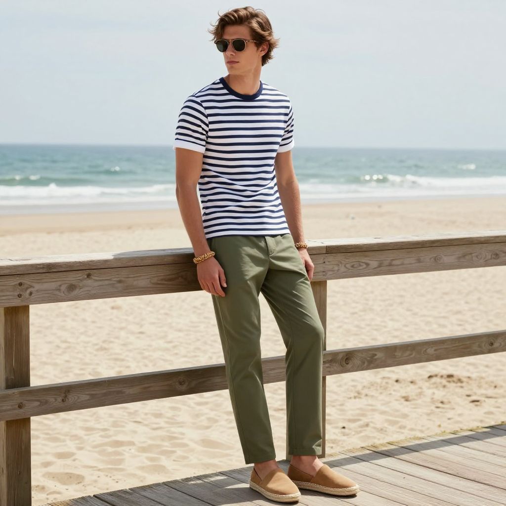Coastal chill look with striped tee and olive green pants