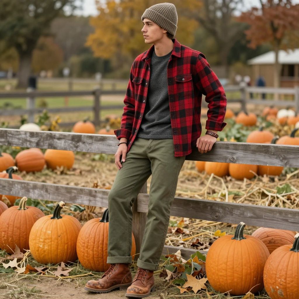 Rugged look with flannel and olive green pants