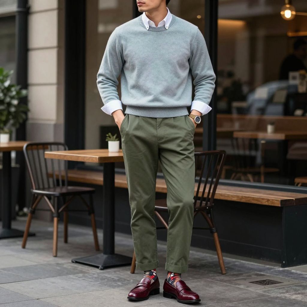 Preppy look with crew neck sweater and olive green pants