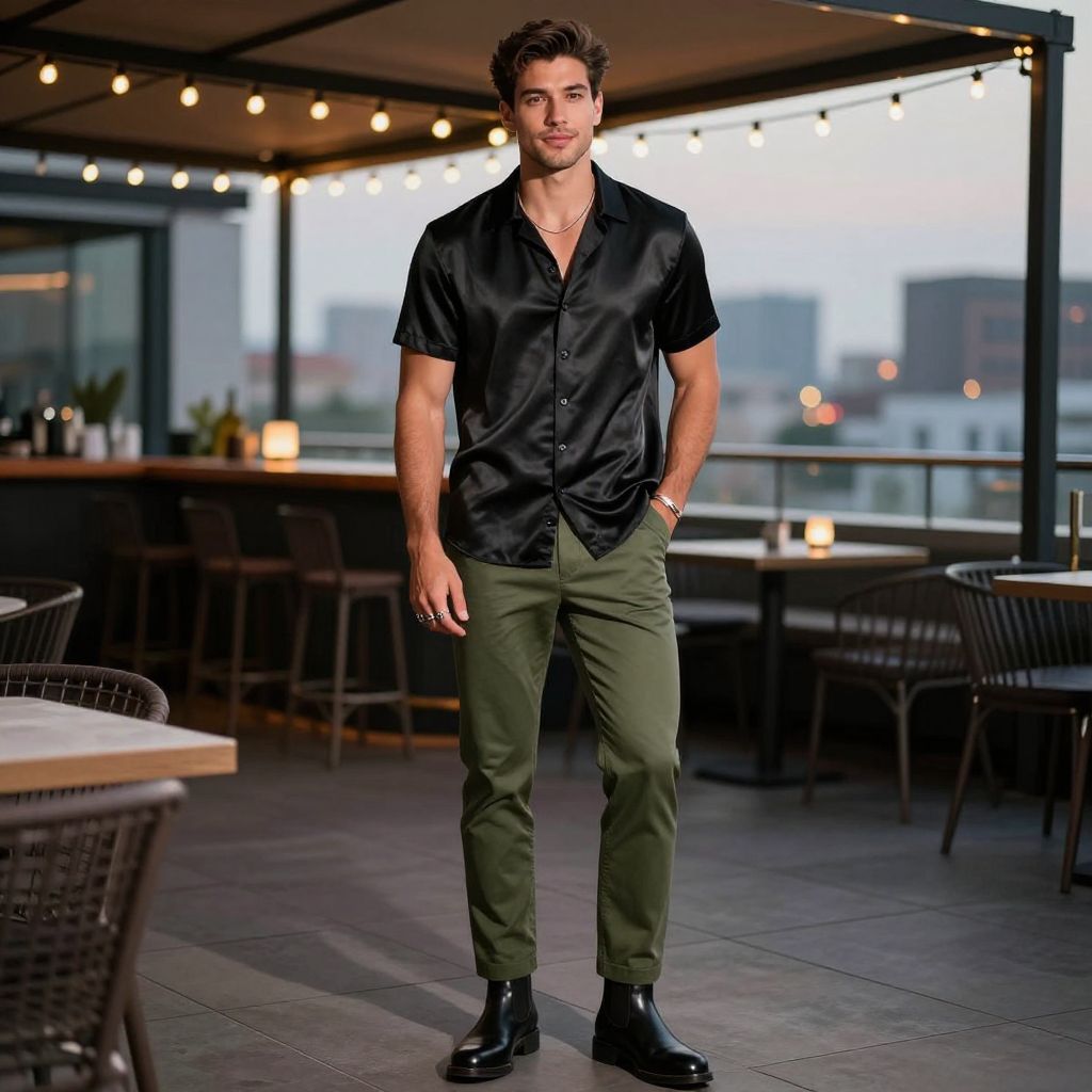 Night out look with black silk shirt and olive green pants