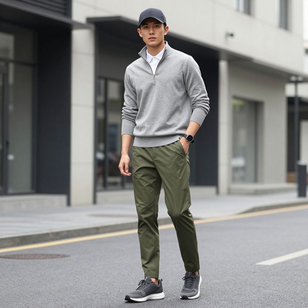 Sport luxe look with quarter zip and olive green pants